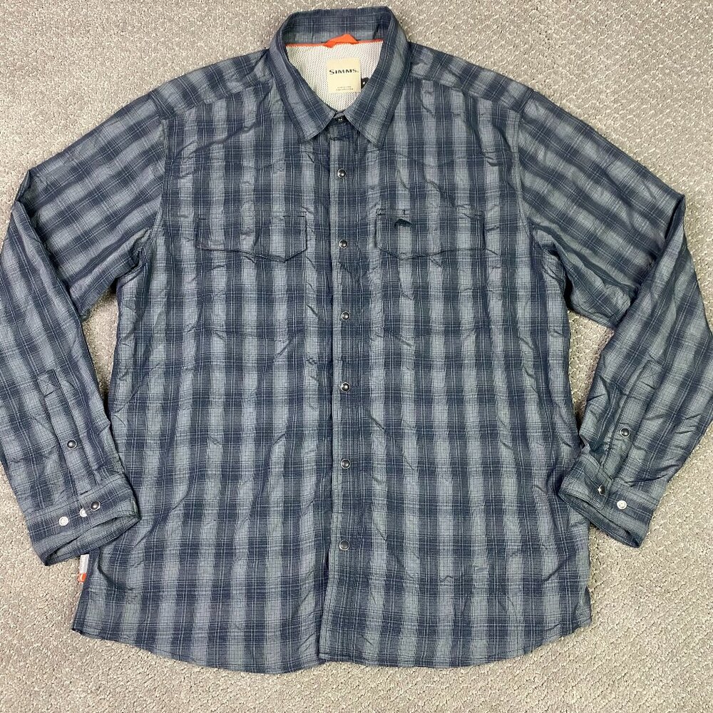 Simms Big Sky Shirt Men's Large Gray Plaid Pearl Snap Vented Fishing Outdoor UPF